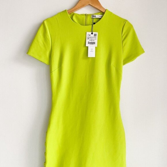NWT Zara Lime Green Side Cut  Out Button Detail Midi Dress M - Picture 5 of 11